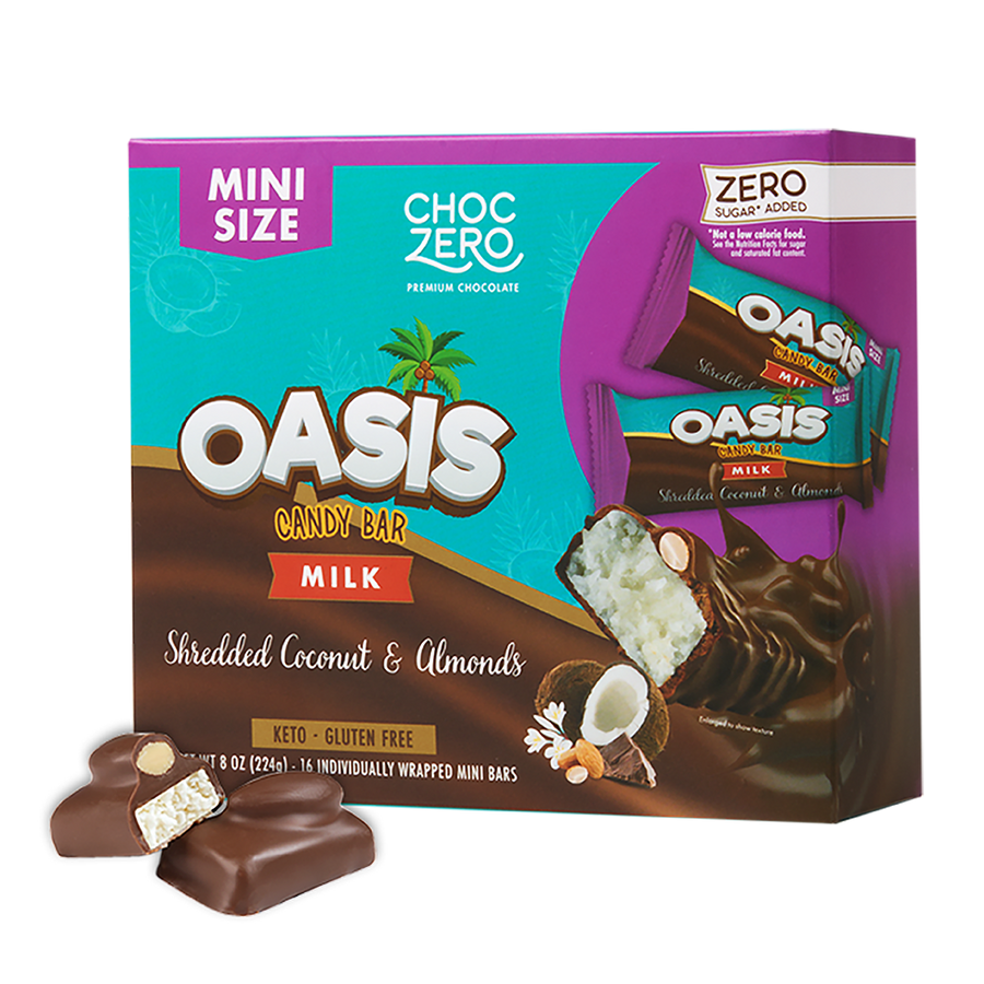 Front package of ChocZero Oasis Milk Chocolate Candy Bar, 8 oz
