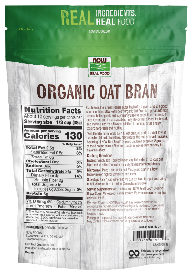 Nutrition facts label for NOW Oat Bran 14 oz