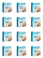 Twelve boxes of Inspire Oatmeal Cinnamon protein bars are arranged in a grid, each featuring a blue and white design with images of the bars and nutritional information on the packaging.