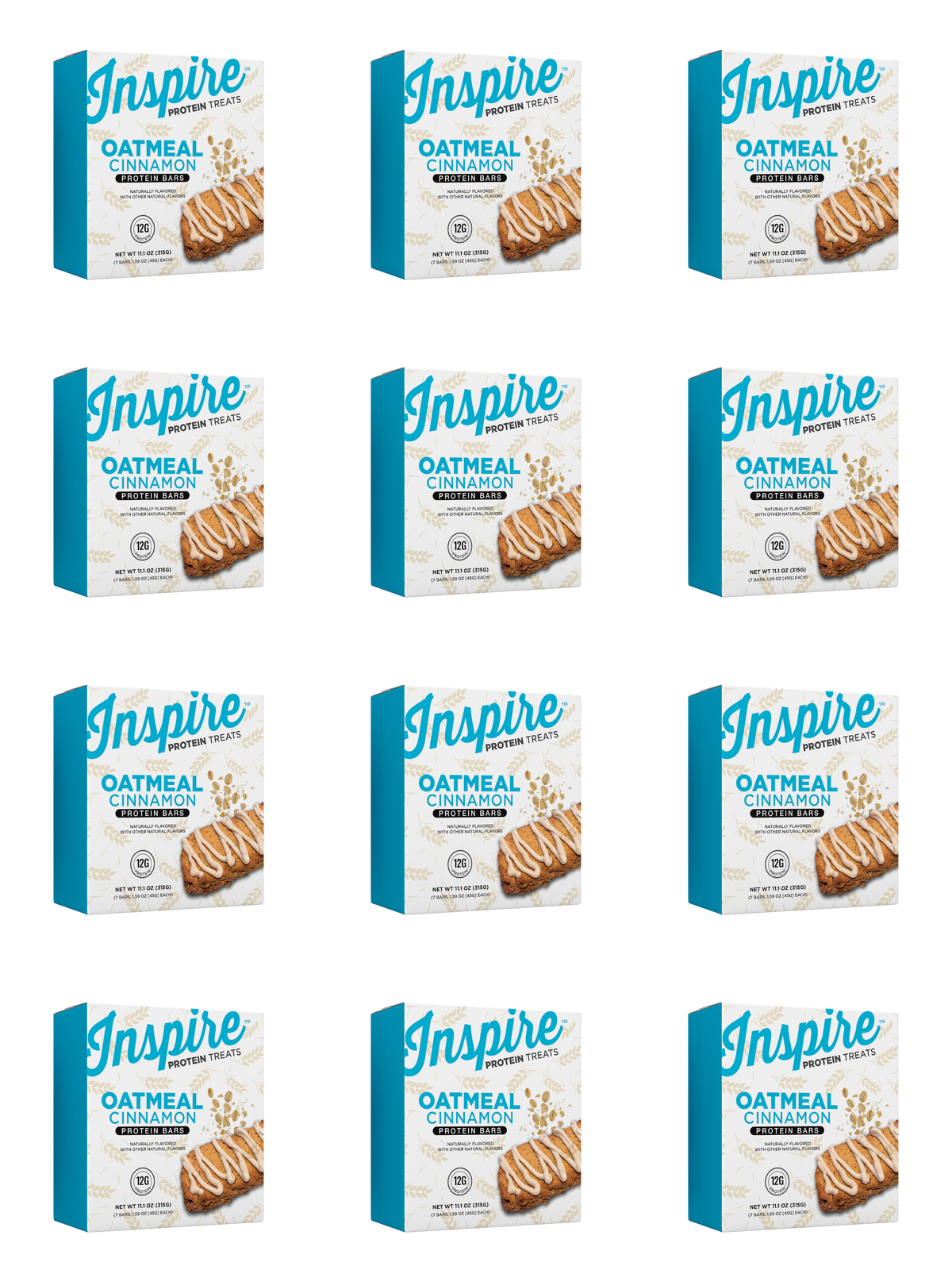 Twelve boxes of Inspire Oatmeal Cinnamon protein bars are arranged in a grid, each featuring a blue and white design with images of the bars and nutritional information on the packaging.