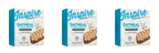 Three boxes of Inspire Oatmeal Cinnamon protein bars are displayed, each featuring a cookie image and text highlighting the flavor, protein content, and natural ingredients.