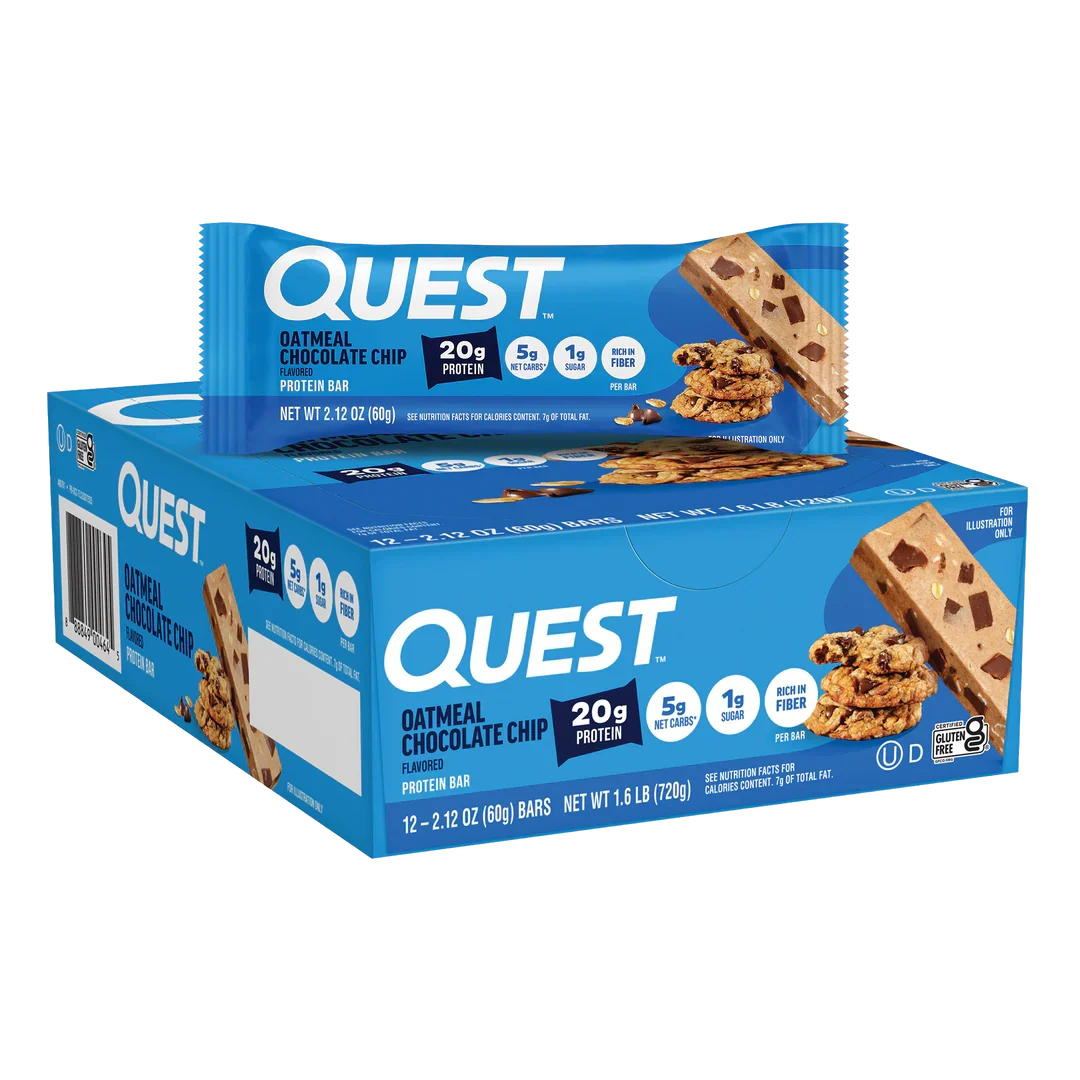 Front package of Quest Protein Bar, Oatmeal Chocolate Chip / 12 Bars