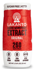 A bottle of Lakanto Liquid Monkfruit Extract in a red design, labeled "Original Flavor," highlights its sugar-free and keto-friendly attributes, with a capacity of 52 mL and 260 servings.