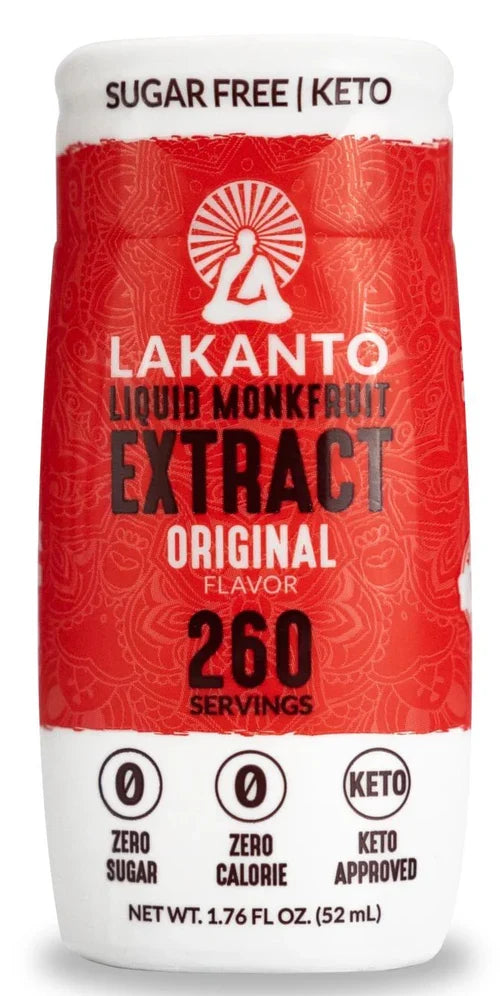 A bottle of Lakanto Liquid Monkfruit Extract in a red design, labeled "Original Flavor," highlights its sugar-free and keto-friendly attributes, with a capacity of 52 mL and 260 servings.