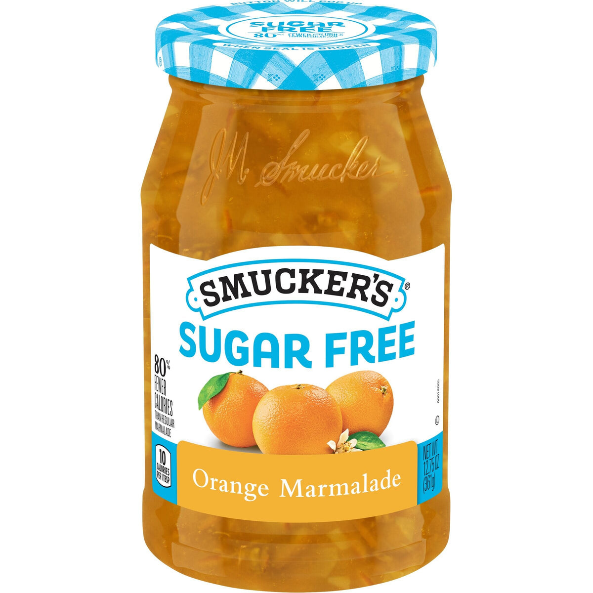 A jar of Smucker's Sugar Free Orange Marmalade, featuring a blue and white checkered lid, displays whole oranges on the label and highlights its low-calorie content.