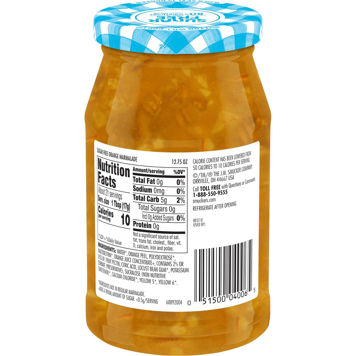 A clear glass jar of sugar-free orange marmalade with a blue and white checkered lid, displaying the nutrition facts and ingredients on the label, sits against a plain background.