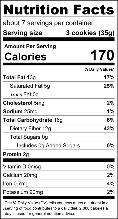 Nutrition facts for ChocZero Jolies Dark Chocolate Orange Cookies, 8 oz