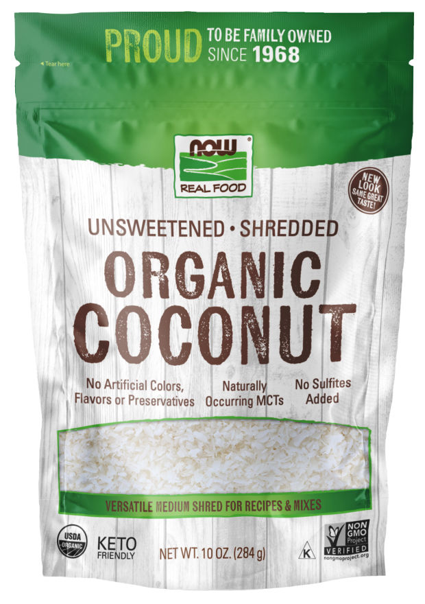 NOW Coconut, Unsweetened Shredded, Organic - 10 oz. product package