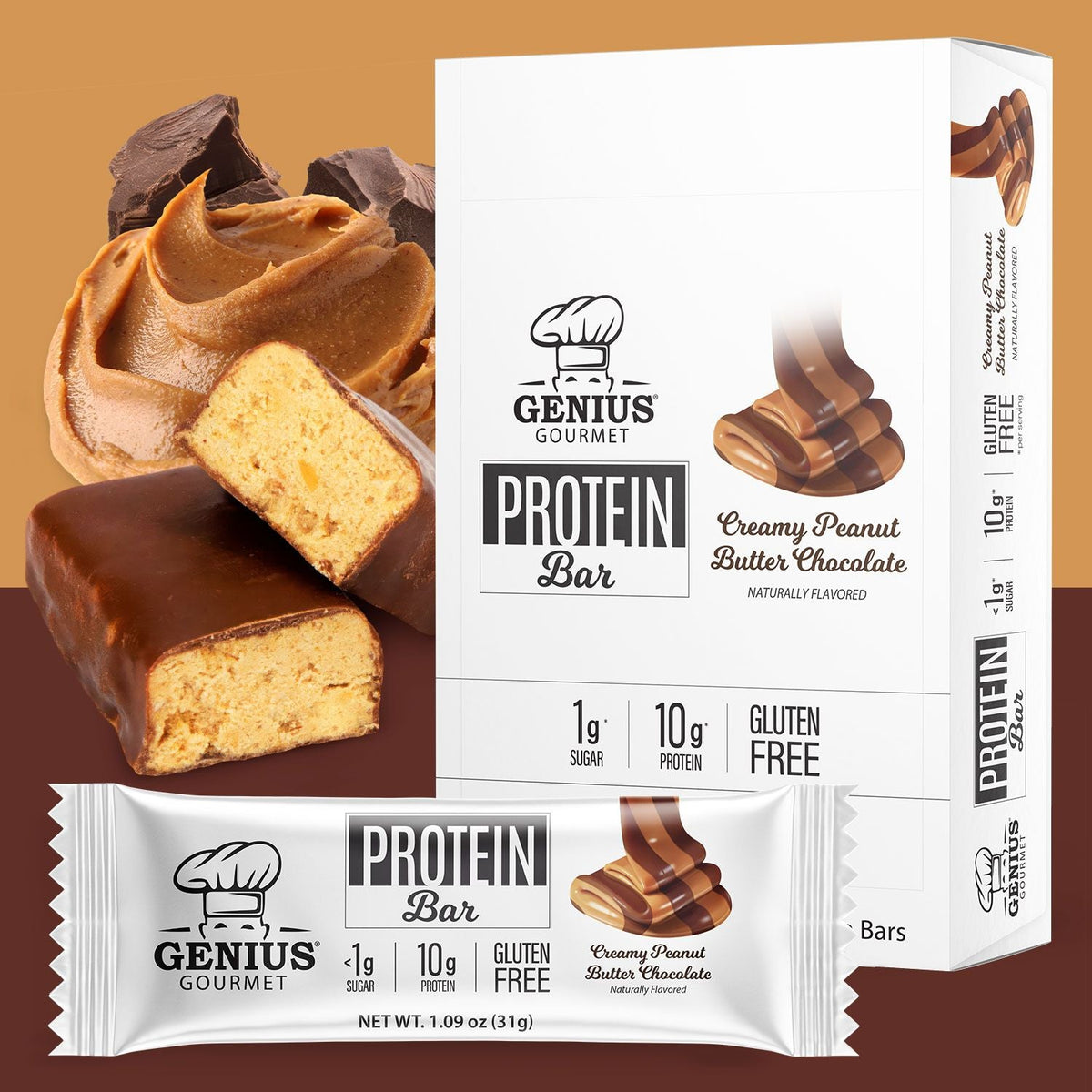 Front package of Genius Gourmet Keto Bar, Creamy Peanut Butter Chocolate / 10 Bars
