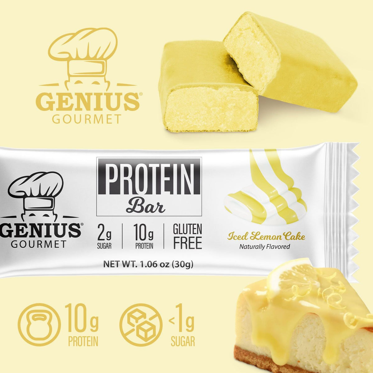 Front package of Genius Gourmet Keto Bar, Iced Lemon Cake / One Bar