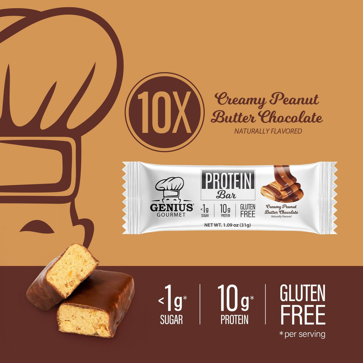 Genius Gourmet Keto Bar, Creamy Peanut Butter Chocolate