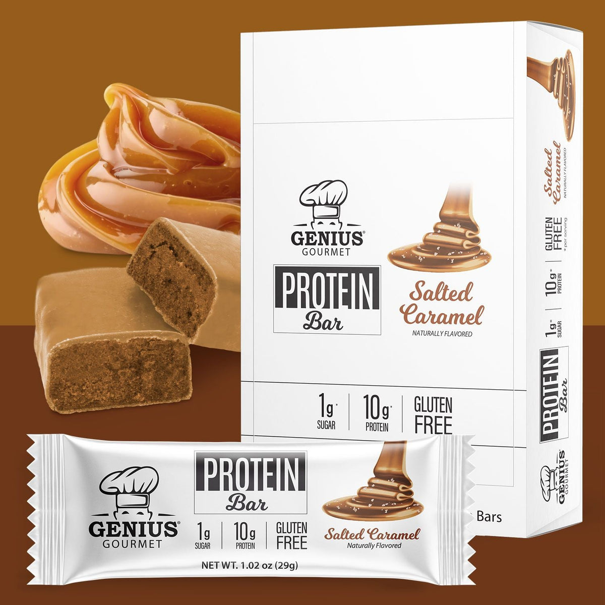 Front package of Genius Gourmet Keto Bar, Salted Caramel / 10 Bars