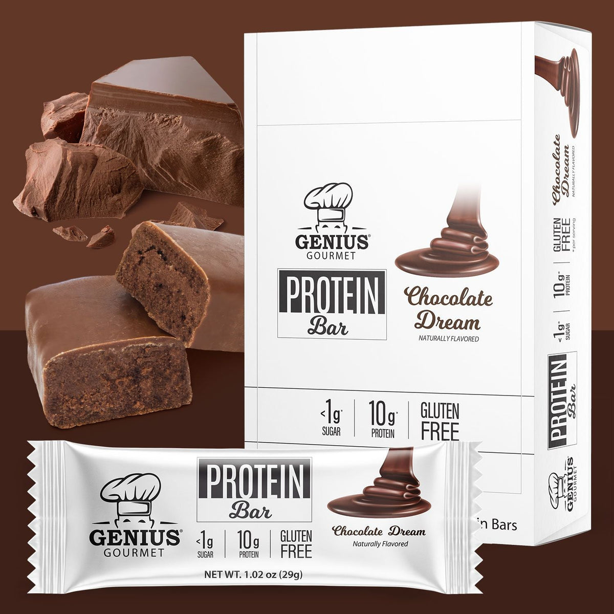 Front package of Genius Gourmet Keto Bar, Chocolate Dream / 10 Bars