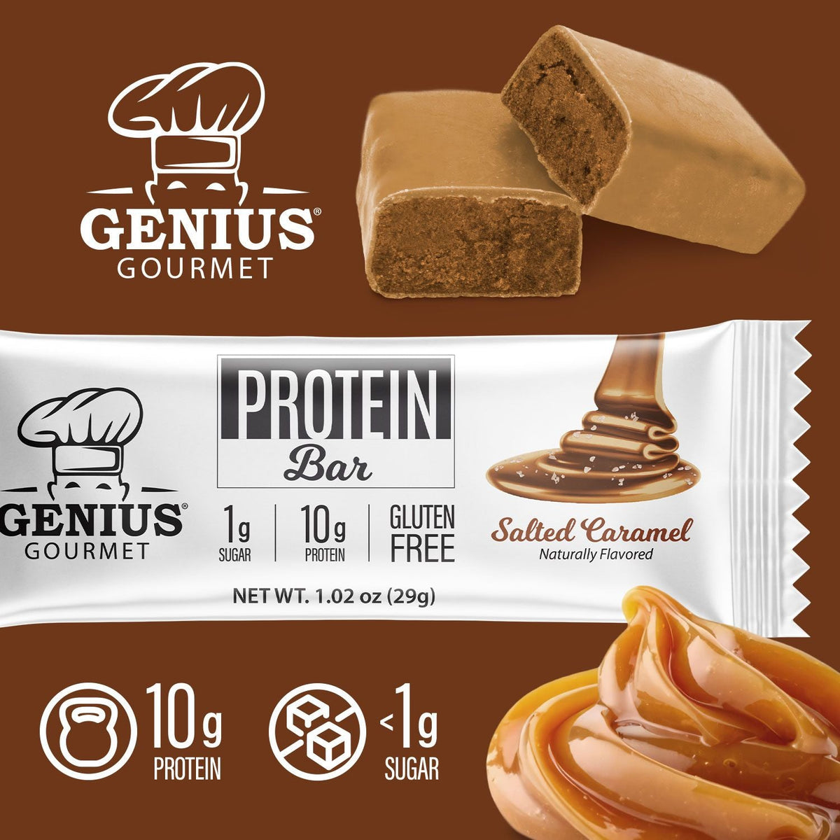 Front package of Genius Gourmet Keto Bar, Salted Caramel / One Bar