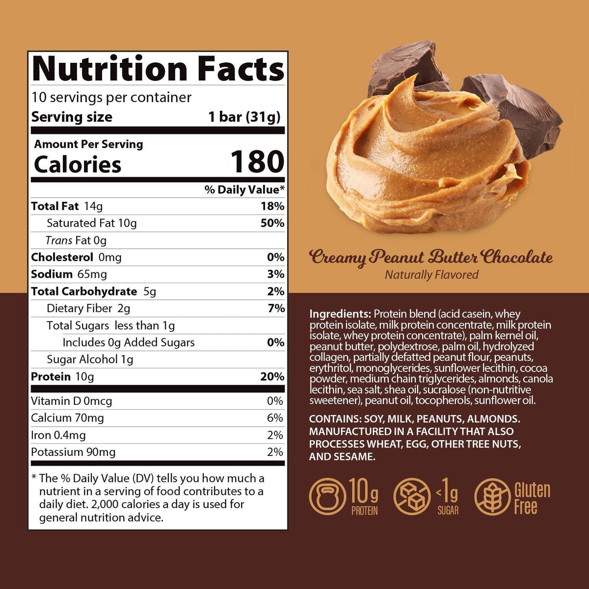Genius Gourmet Keto Bar, Creamy Peanut Butter Chocolate