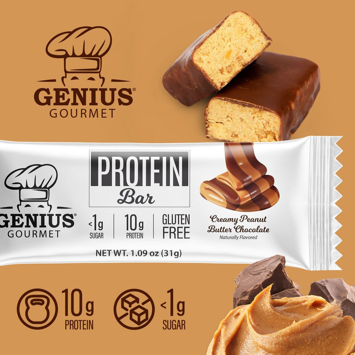 Front package of Genius Gourmet Keto Bar, Creamy Peanut Butter Chocolate / One Bar