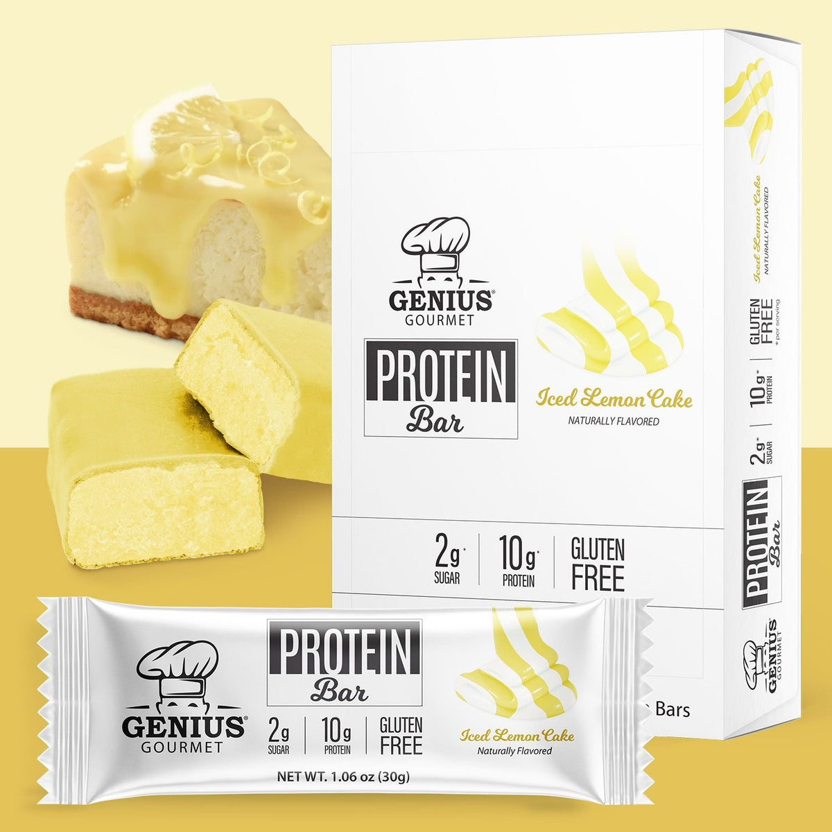 Front package of Genius Gourmet Keto Bar, Iced Lemon Cake / 10 Bars