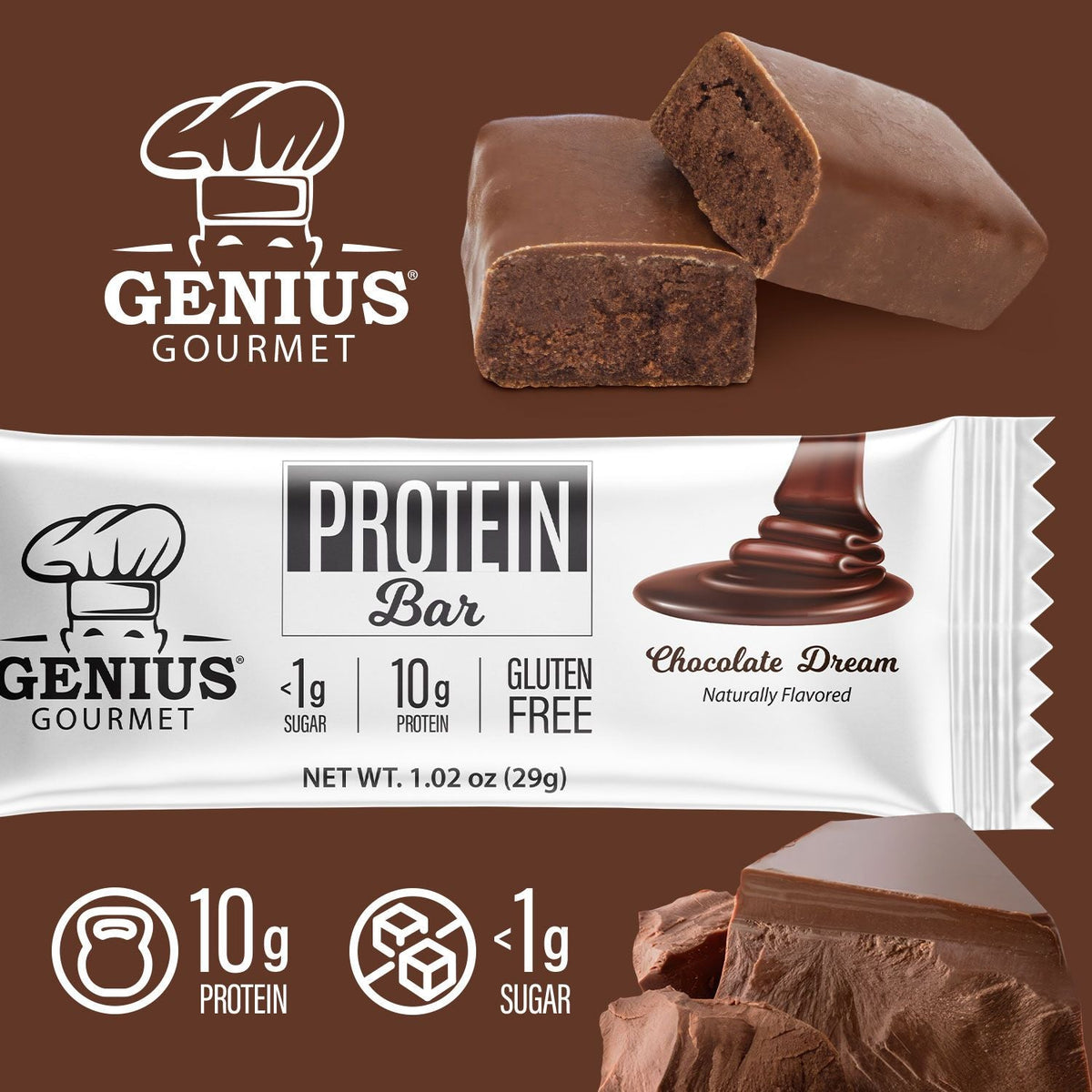 Front package of Genius Gourmet Keto Bar, Chocolate Dream / One Bar