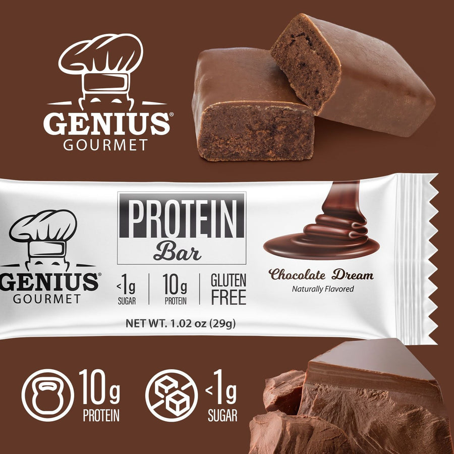 Front package of Genius Gourmet Keto Bar, Chocolate Dream / One Bar