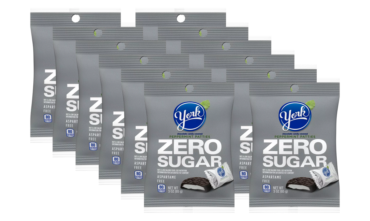 A row of York Zero Sugar Peppermint Patties packaging, featuring a gray design with the brand logo and product information, emphasizing that the candy is aspartame-free and contains 80 calories per serving.