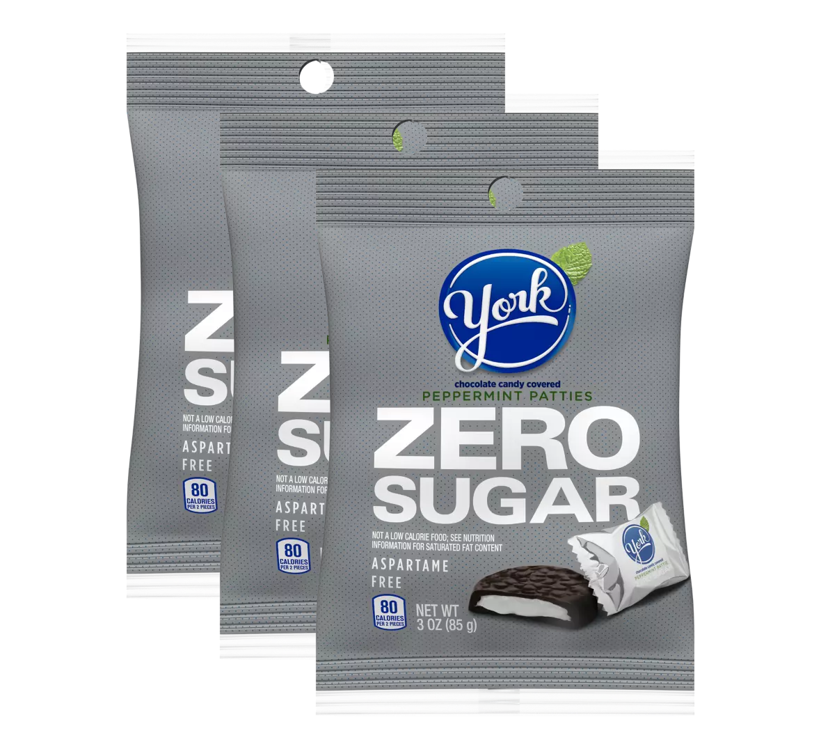 Two packages of York Zero Sugar Peppermint Patties are displayed, featuring a silver background with bold text highlighting "ZERO SUGAR" and the brand logo, emphasizing their aspartame-free and low-calorie attributes.