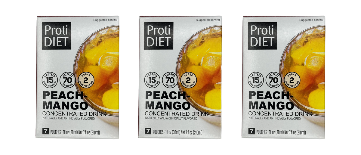 Three boxes of Proti DIET Peach-Mango concentrated drink mix are displayed, each showing nutritional information highlighting 15 grams of protein, 70 calories, and 2 grams of sugar per serving.