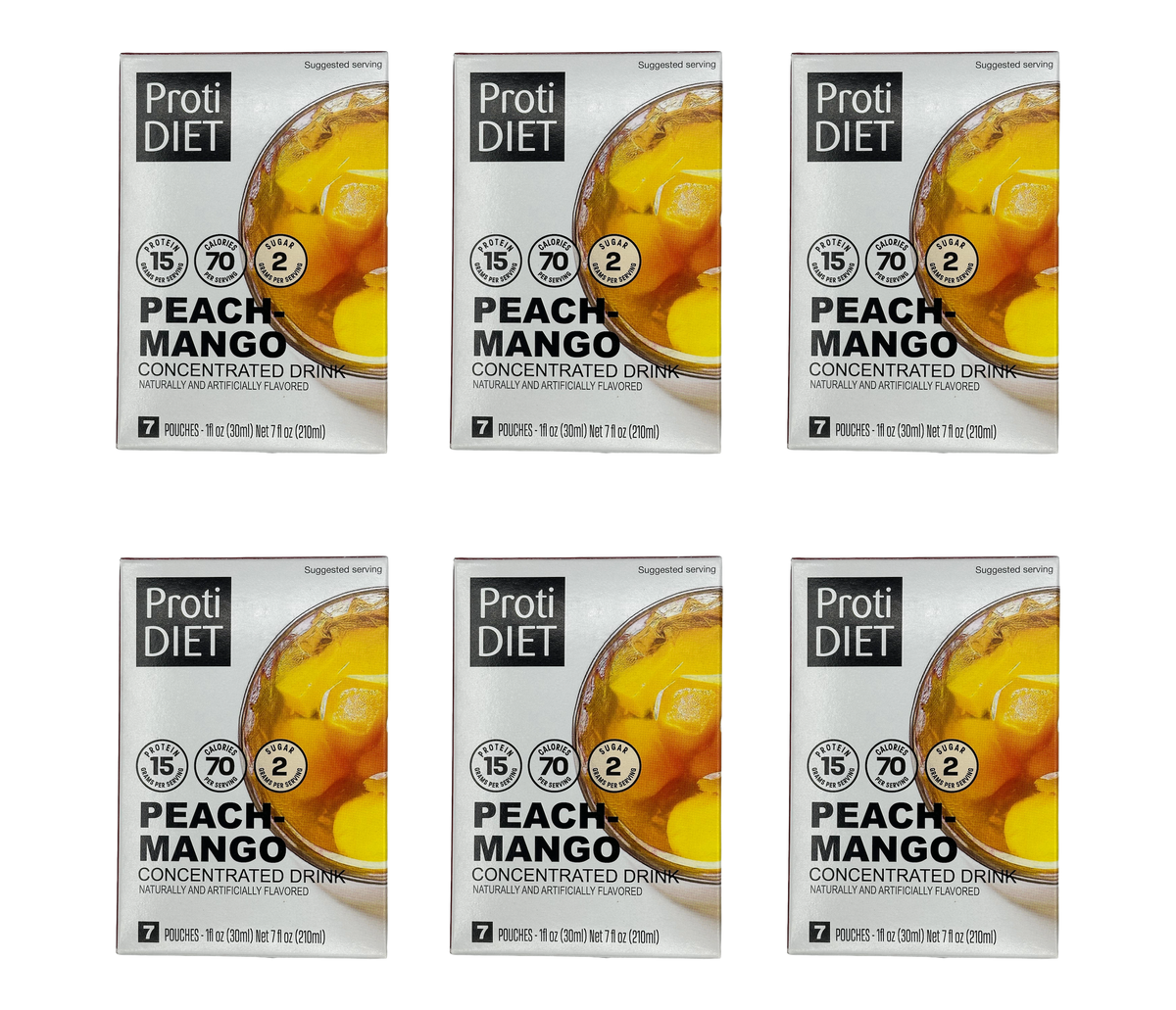 Six boxes of ProtiDIET Peach Mango concentrated drink are arranged in two rows, each featuring a bowl of peach and mango slices, with nutritional information highlighted on the packaging.