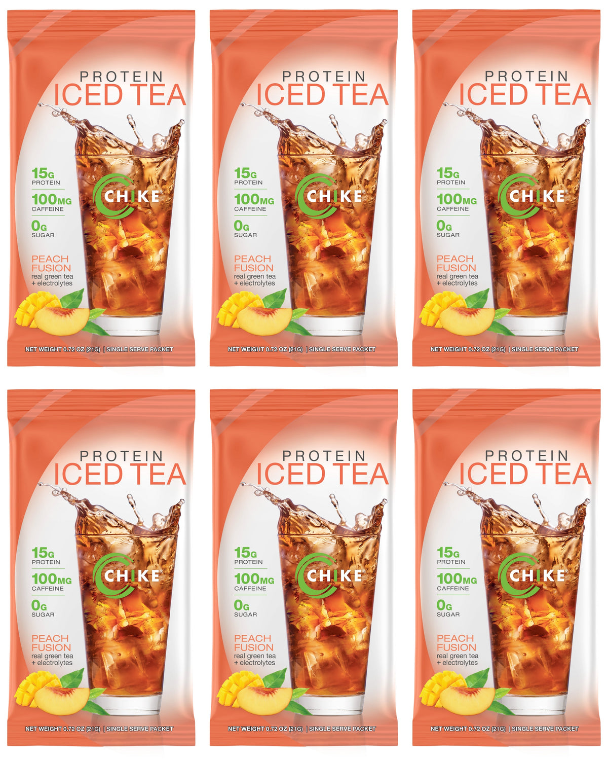 Six Chike Peach Fusion protein iced tea packets