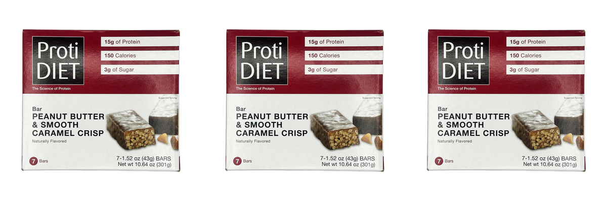 Proti Diet Protein Bars, Peanut Butter & Smooth Caramel Crisp, 7 Bars - 3-Pack