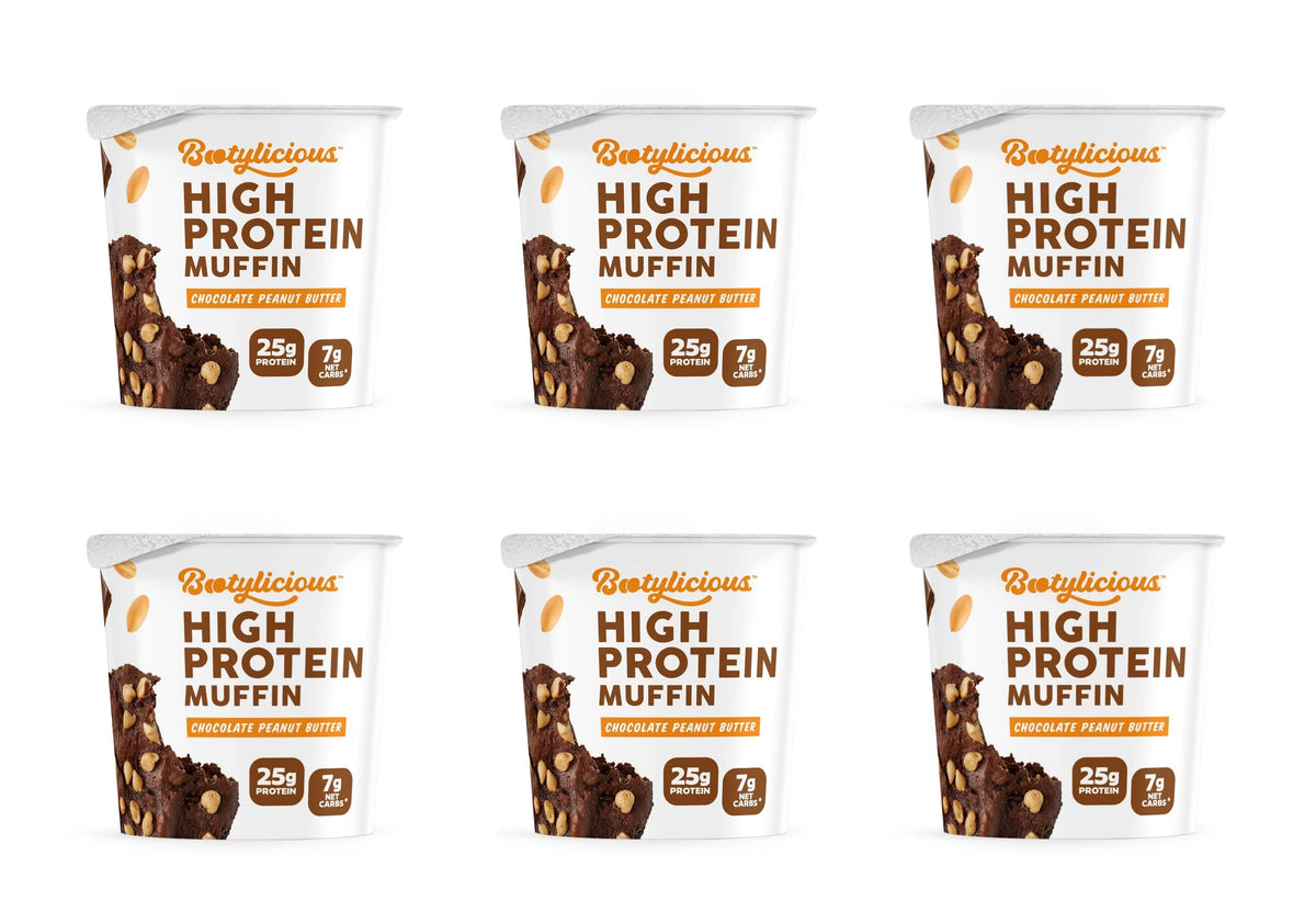 Six Bootylicious Chocolate Peanut Butter high protein muffin cups
