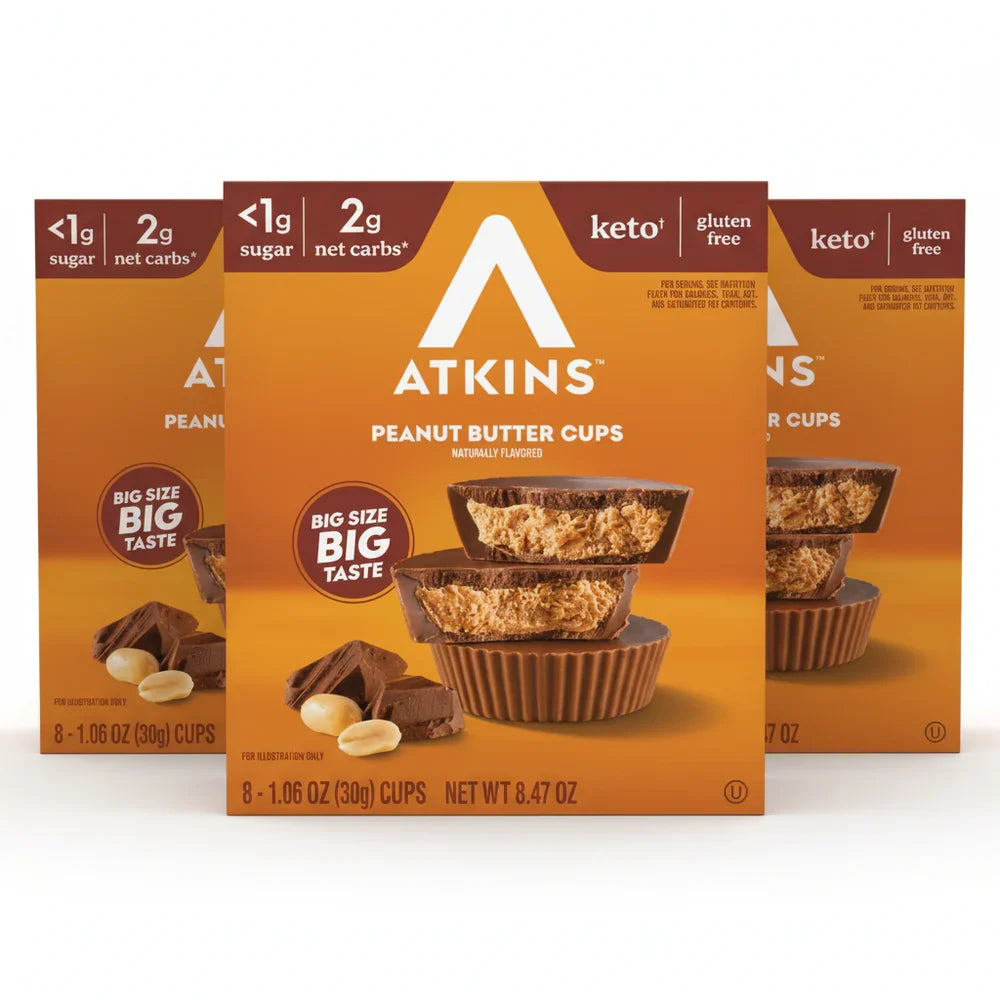 Front package of Atkins Nutritionals Keto Treat 8 pack, Peanut Butter Cups / 3 Boxes