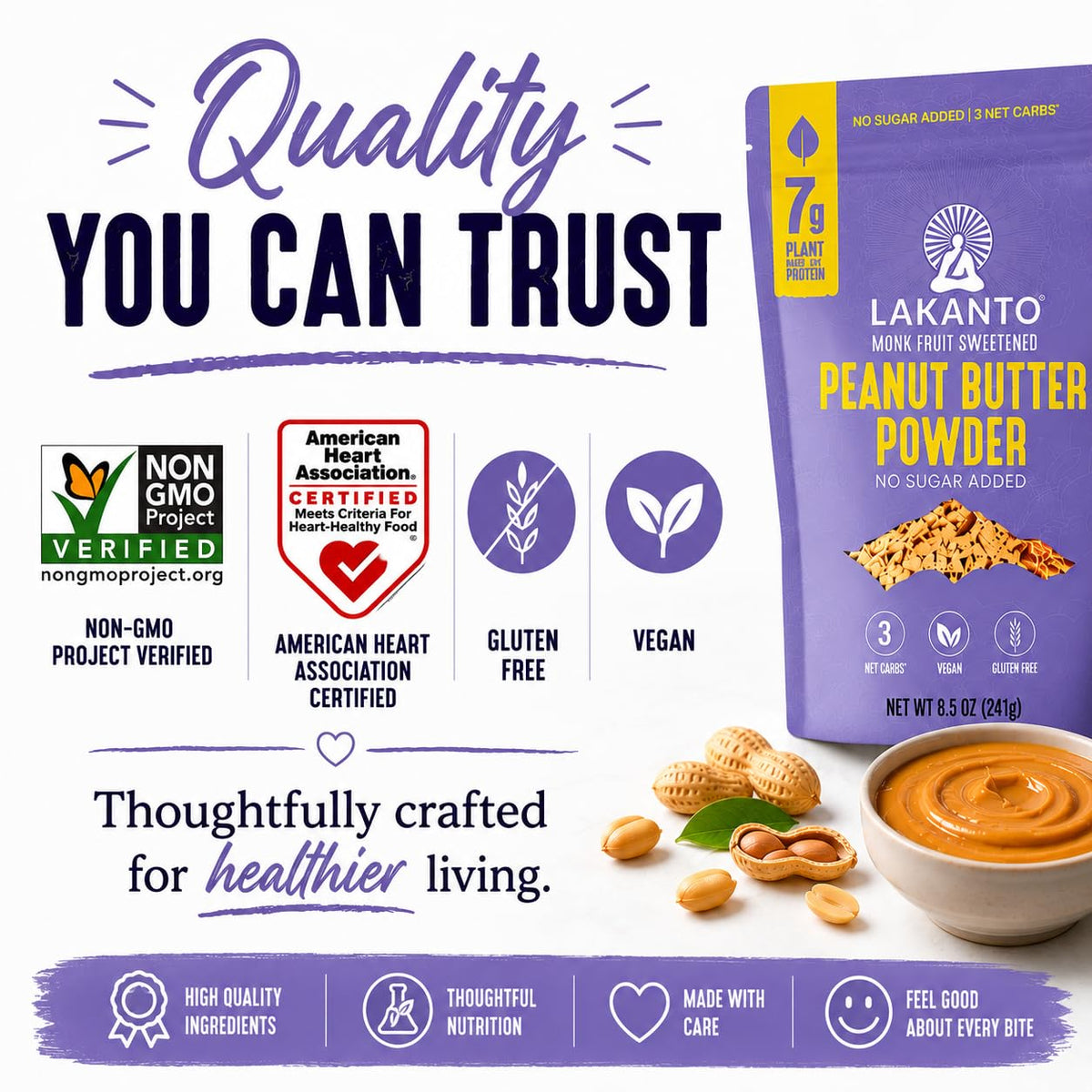 A purple package of Lakanto Peanut Butter Powder is displayed with icons indicating it's non-GMO, gluten-free, and vegan, alongside a bowl of peanut butter and peanuts, emphasizing quality and health benefits.