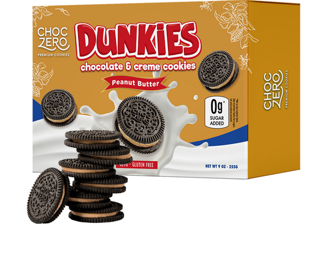 Front package of ChocZero Dunkies Sandwich Cookies, 9 oz, Peanut Butter