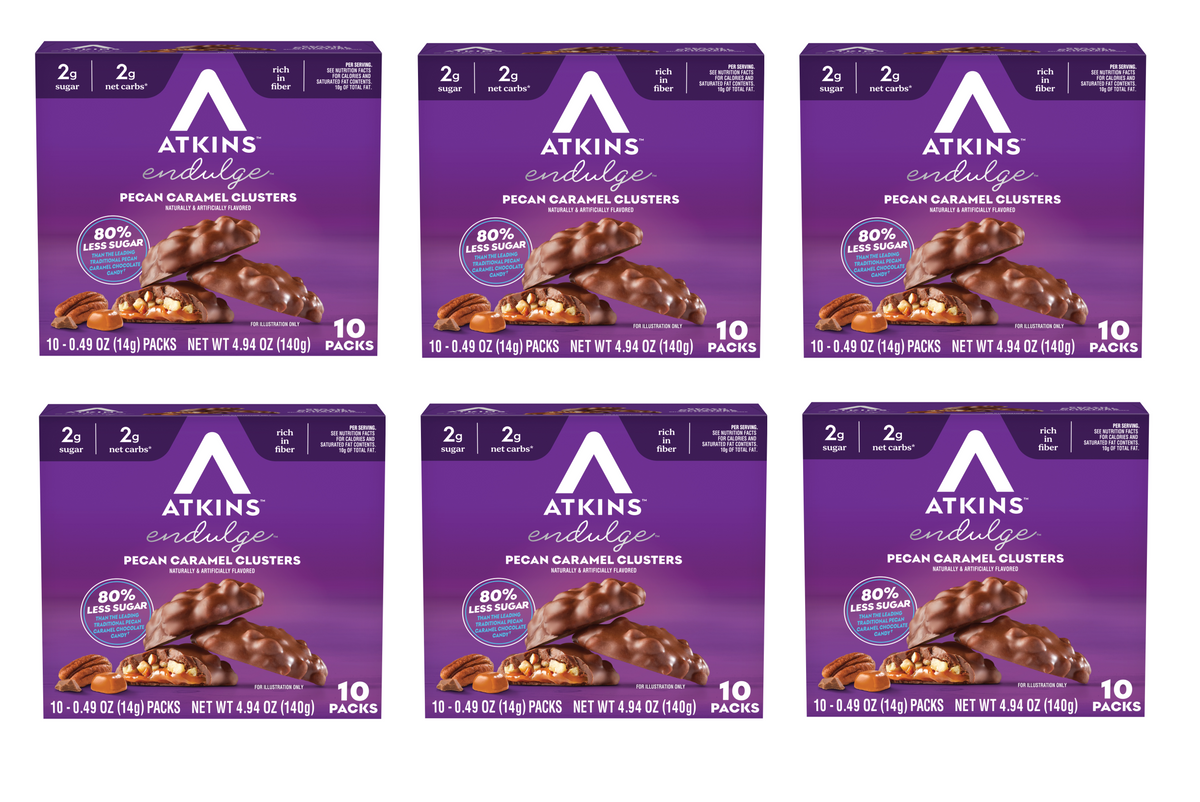 Six boxes of Atkins Endulge Pecan Caramel Clusters, each containing 10 individually wrapped packs, feature a rich chocolate coating and highlight low sugar and high fiber content.