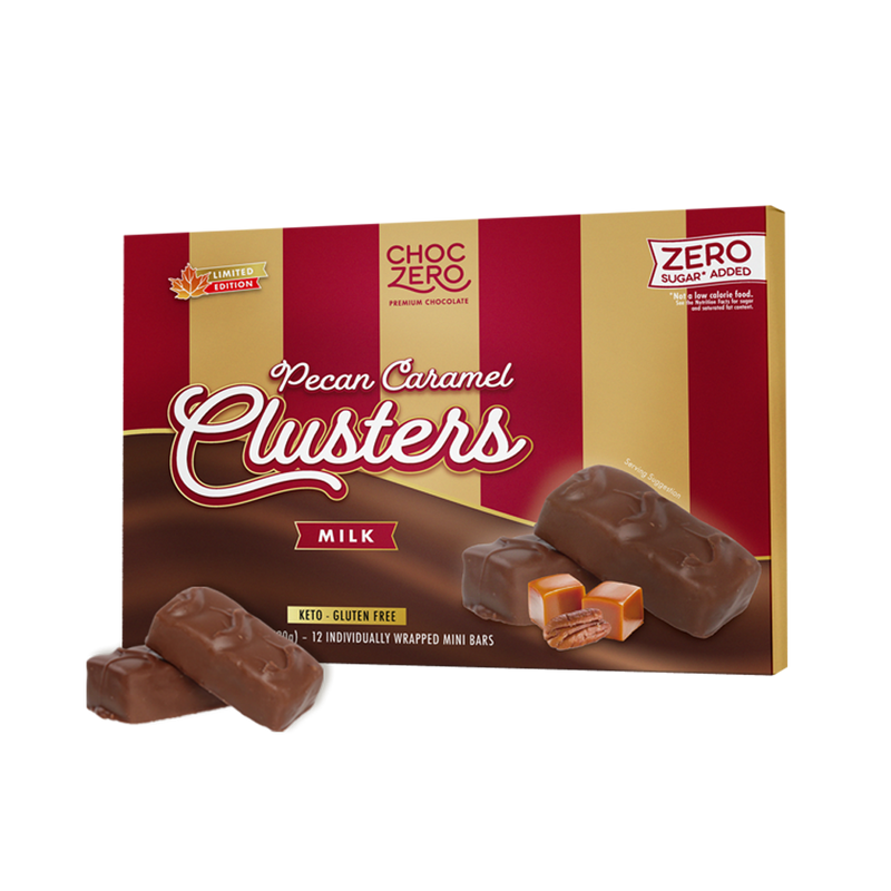Front package of ChocZero Milk Chocolate Pecan Caramel Clusters, 8 oz