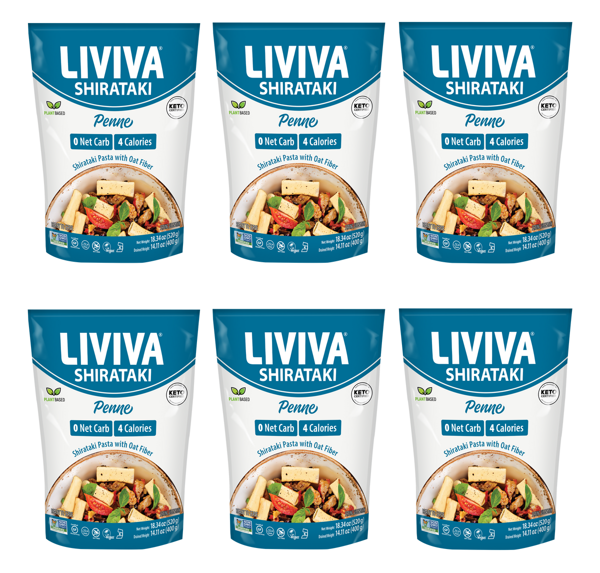Liviva Organic Shirataki Pasta with Oat Fiber, 18.34 oz - Penne, 6 Bags