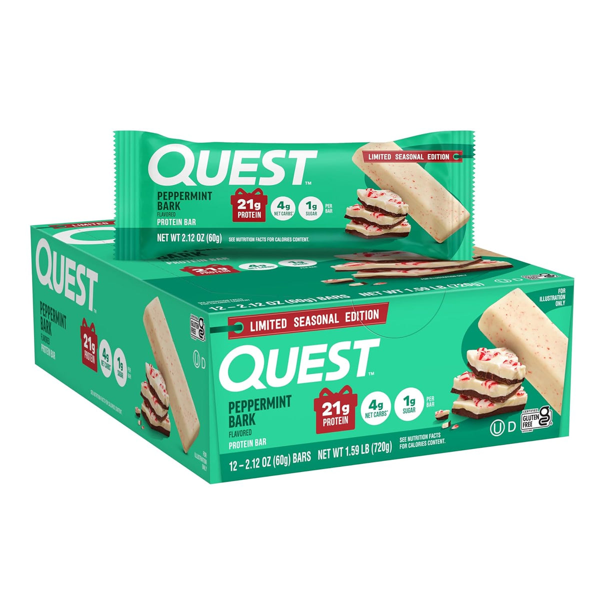 Front package of Quest Protein Bar, Peppermint Bark (Seasonal) / 12 Bars