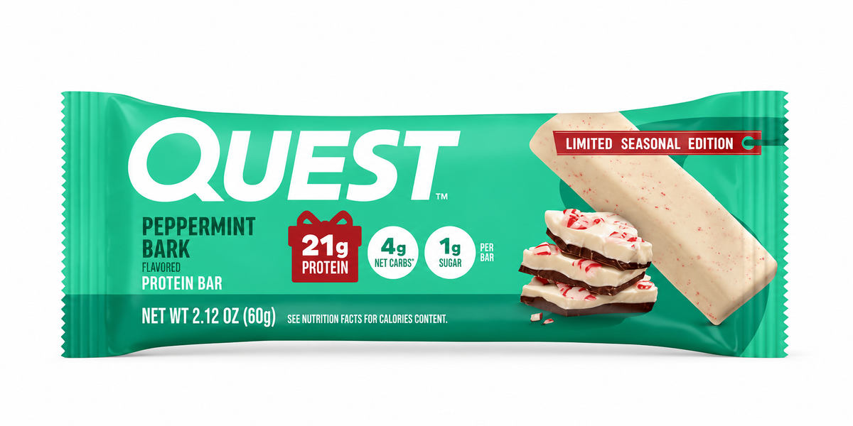 Front package of Quest Protein Bar, Peppermint Bark (Seasonal) / 1 Bar