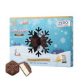 A box of dark chocolate peppermint crème-filled candies shaped like snowflakes is displayed alongside one candy, set against a winter-themed background with snowflakes and a snowy landscape.