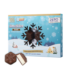 A box of dark chocolate peppermint crème-filled candies shaped like snowflakes is displayed alongside one candy, set against a winter-themed background with snowflakes and a snowy landscape.