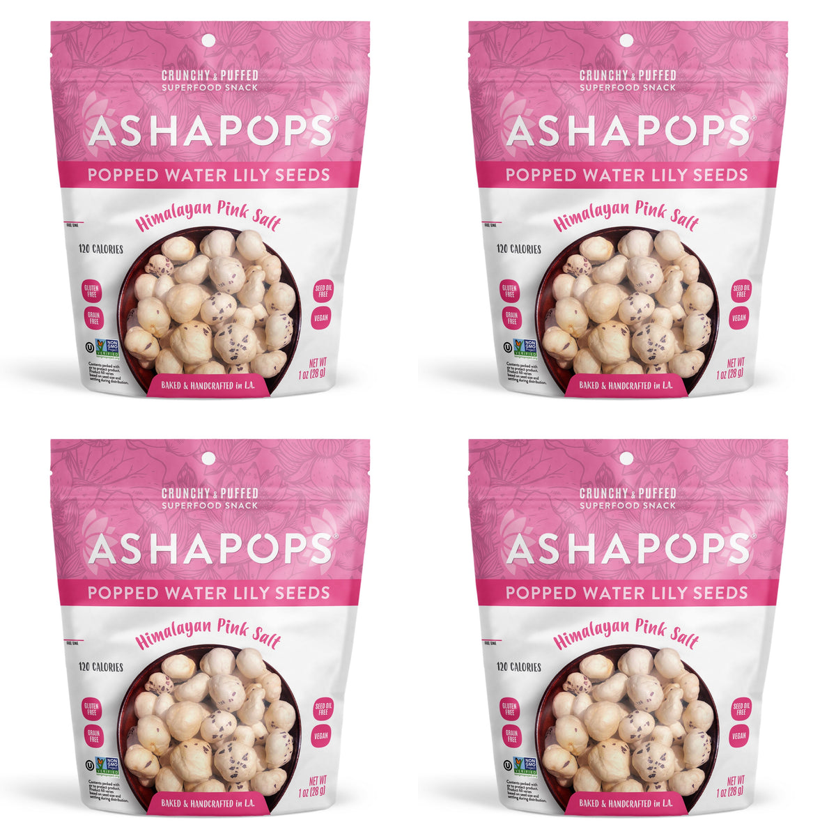 Four bags of Ashapops Popped Water Lily Seeds are displayed, featuring a pink design and a label that highlights Himalayan pink salt, with details about calories and vegan ingredients.