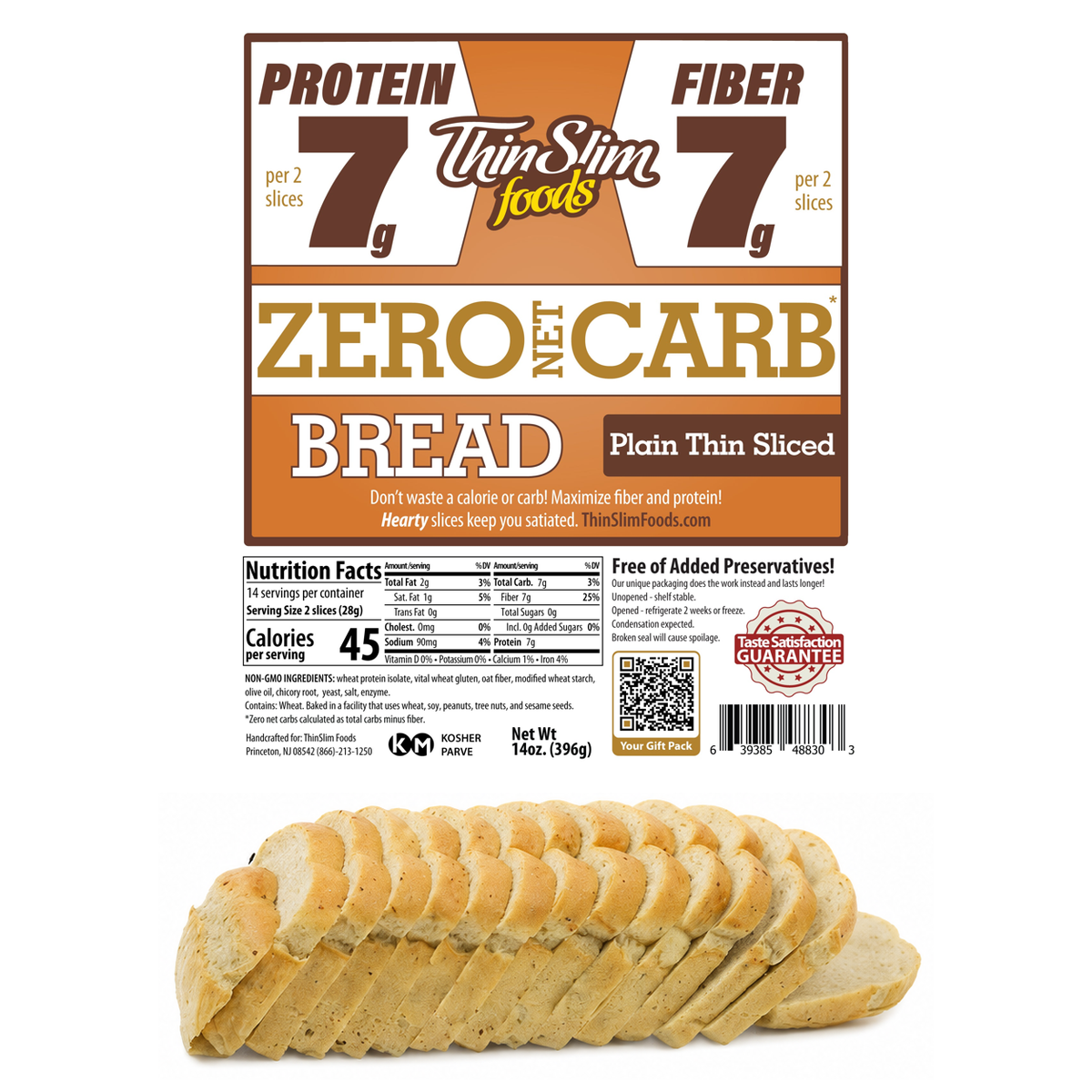ThinSlim Foods Plain Thin Sliced Bread label with a sliced loaf below.
