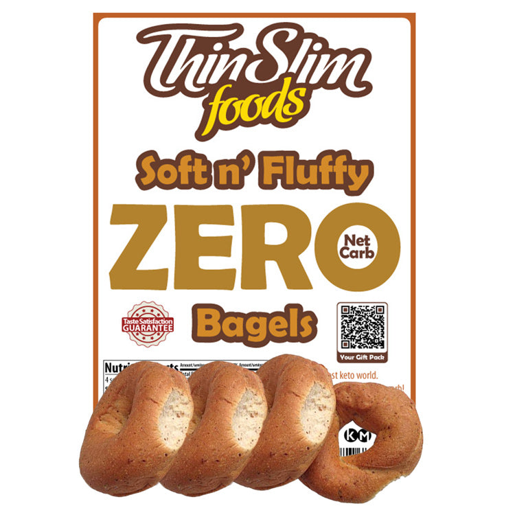 ThinSlim Foods Soft n' Fluffy Zero Net Carb Bagels label above bagels.