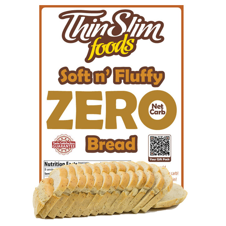 ThinSlim Foods Soft n' Fluffy Zero Net Carb Bread label above a sliced loaf.