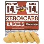 ThinSlim Foods Zero Net Carb Cinnamon Bagels label above cinnamon bagels.