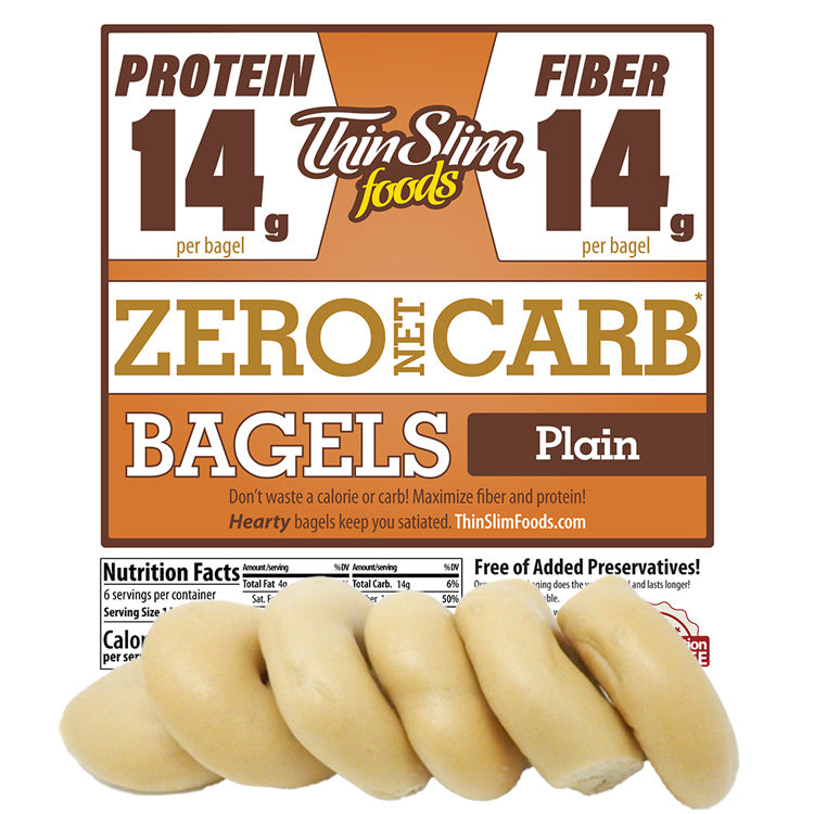 ThinSlim Foods Zero Net Carb Plain Bagels label above plain bagels.