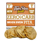 ThinSlim Foods Zero Net Carb Brick Oven Pita label above pita breads.