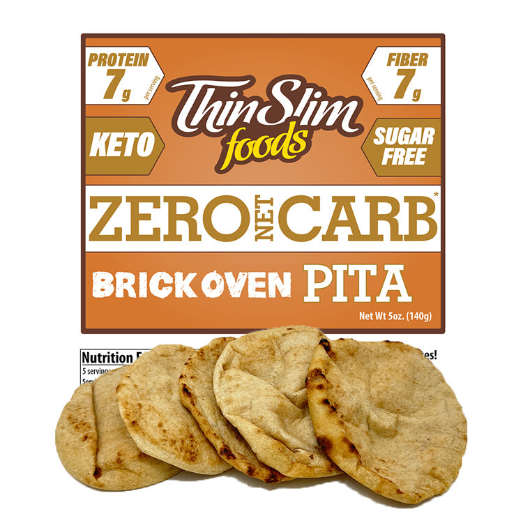 ThinSlim Foods Zero Net Carb Brick Oven Pita label above pita breads.