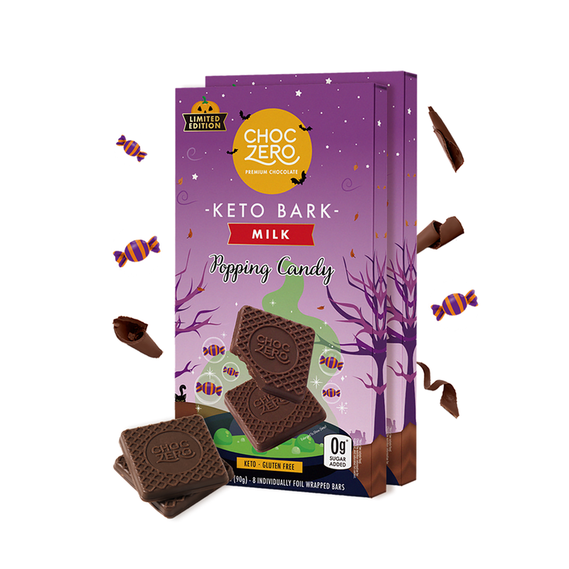 Front package of ChocZero Milk Chocolate Popping Candy Keto Bark, 3.2oz