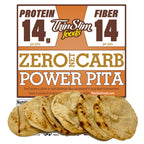 A package of Thin Slim Foods Power Pita displays nutritional information highlighting 14 grams of protein and fiber per pita, with several pita breads arranged in front.